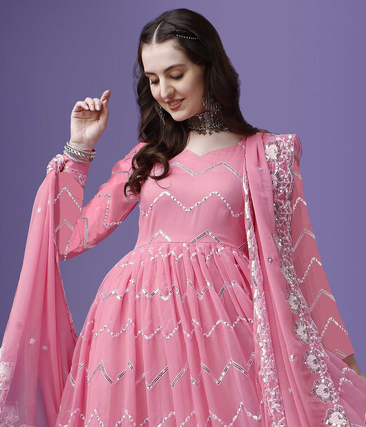 Embroidered Georgette Stitched Anarkali Gown with Dupatta
