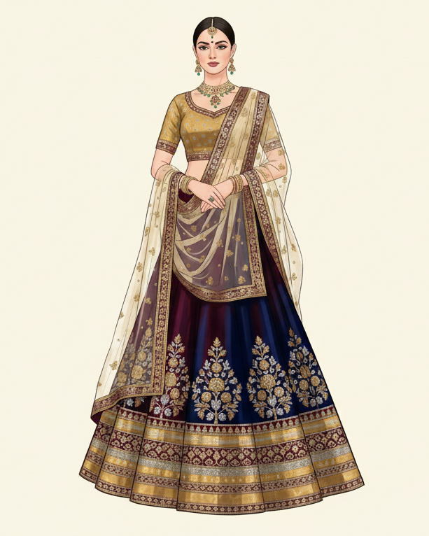 A stunning Indian woman wearing a traditional lehenga choli with intricate embroidery and detailed patterns. The lehenga features a flared silhouette, paired with a beautifully crafted choli and a flowing dupatta. Festive elegance, rich textures, balanced color palette, graceful pose, luxury bridal-fashion illustration, studio lighting, clean neutral background.

Image size will be exact 4:5 