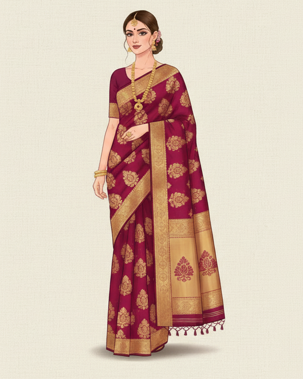 Full-length fashion illustration of an Indian woman wearing a Banarasi saree, rich woven motifs with zari detailing, traditional drape with pallu over shoulder, elegant semi-realistic digital illustration, soft lighting, graceful pose, light beige textured background, premium ethnic fashion catalog style, high resolution.