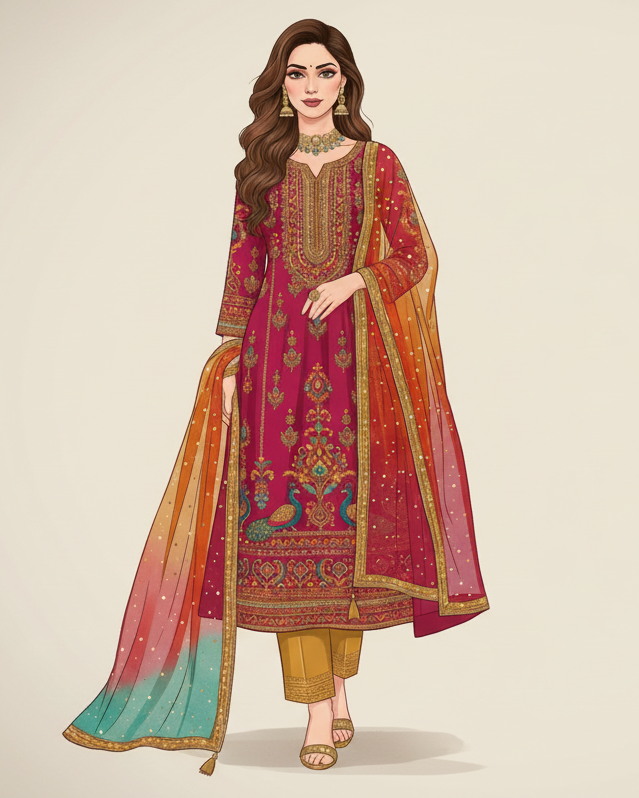 Full-length fashion illustration of an Indian woman wearing a festive kurti set with kurti, matching pants and dupatta, rich embroidery with zari and threadwork, bright festive colors, elegant semi-realistic digital illustration, graceful pose, clean outlines, light beige textured background, premium ethnic fashion catalog style, high resolution.