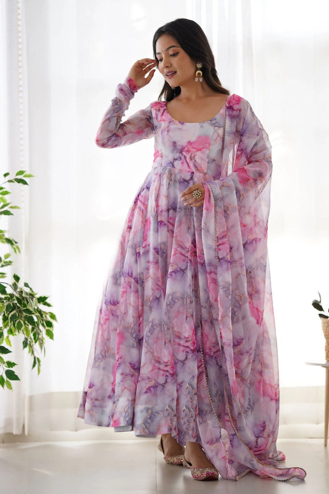 Printed Georgette Stitched Anarkali Gown With Dupatta