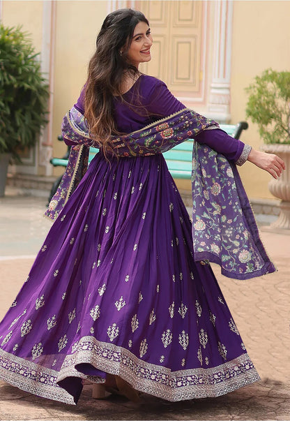 Embroidered Georgette Stitched Anarkali Gown With Dupatta