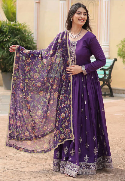 Embroidered Georgette Stitched Anarkali Gown With Dupatta