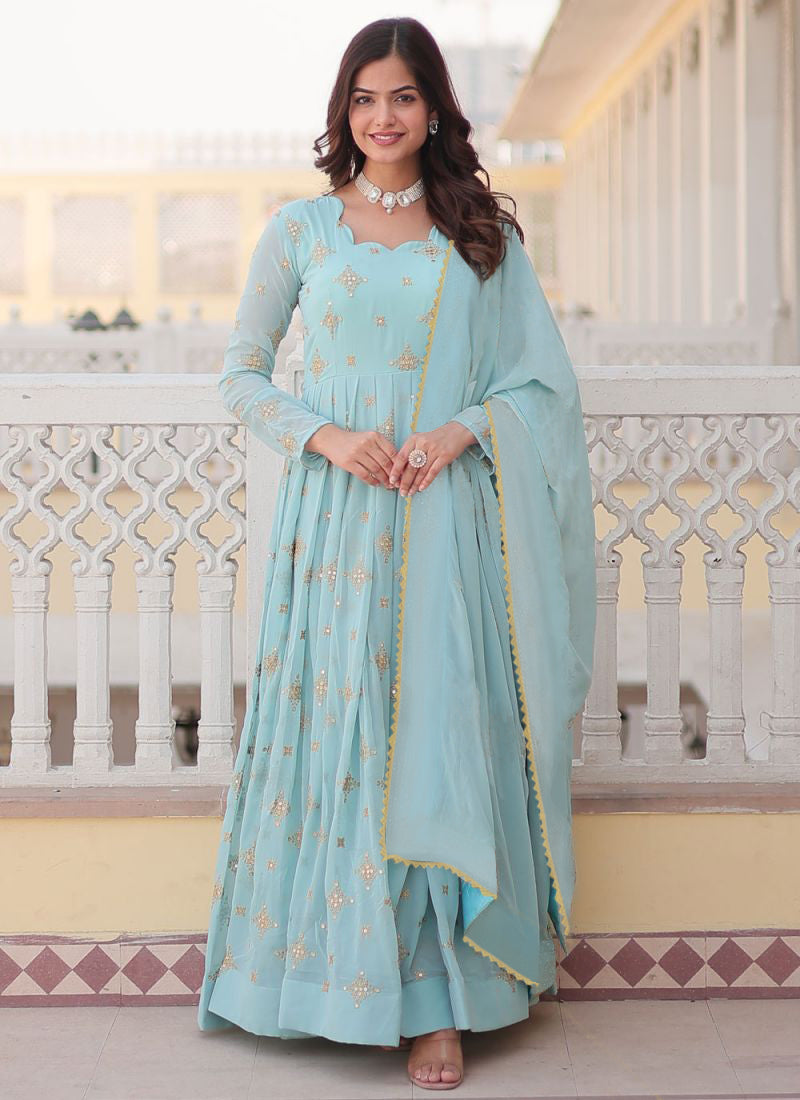Embroidered Georgette Stitched Anarkali Gown With Dupatta
