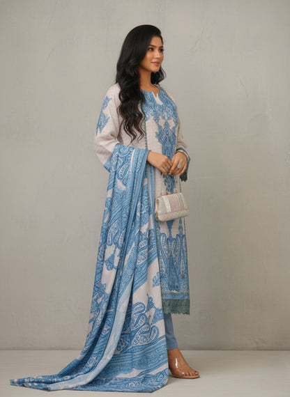 Floral Printed Notch Neck Muslin Kurta with Pant & Dupatta