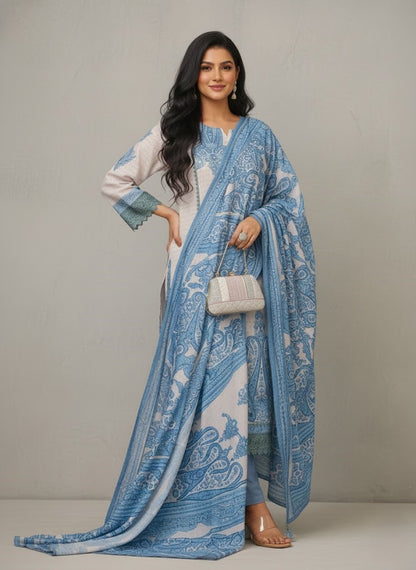 Floral Printed Notch Neck Muslin Kurta with Pant & Dupatta