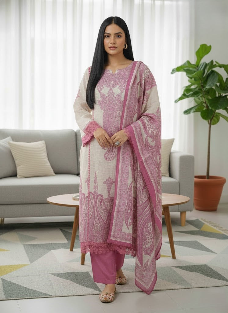 Floral Printed Notch Neck Muslin Kurta with Pant & Dupatta